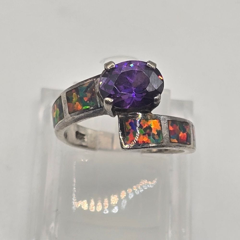 Vintage Soild Fire Opal Inlay Amethyst Bypass Ring Size 6